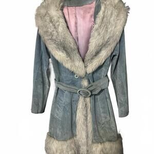 Julie de Roma | Belted suede-style coat with faux fur trim
